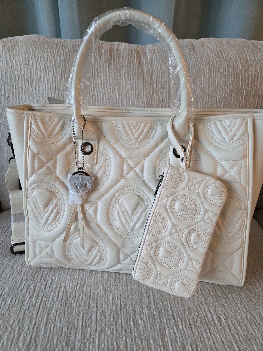 Valentino Orlandi Cream Quilted Tote with Matching Pouch